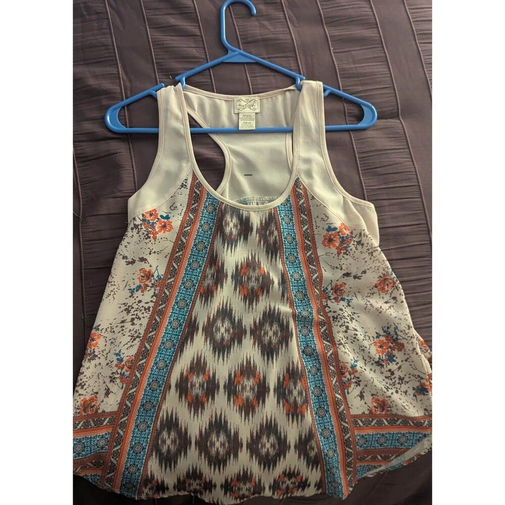 Eyelash Couture Womens XS Beige Floral Sheer Sleeveless Blouse! A2513